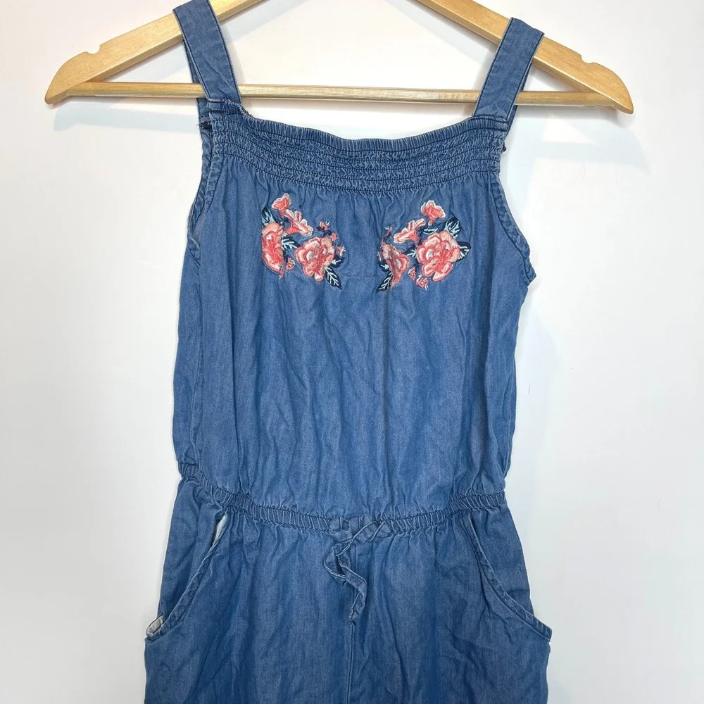 Justice Denim Jumpsuit Girls Size‎ 14 Blue Floral Drawstring Waist